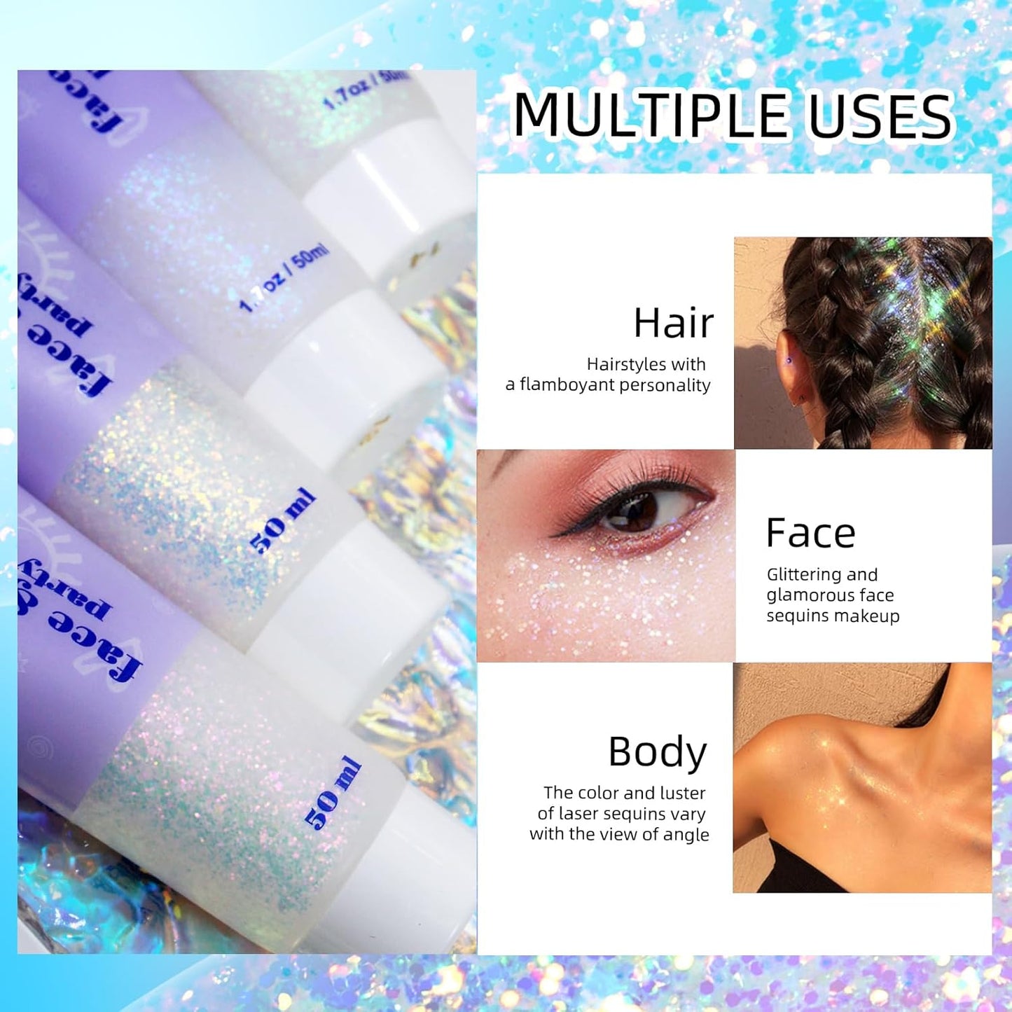DAGEDA Body Glitter Gel, Holographic Face Glitters Body Gel Shimmer Liquid Eyeshadow, Color Changing Glitter for Face Hair Nails, Glitter Under Light Festival Glitter Makeup 1.7oz (Mystic Purple)