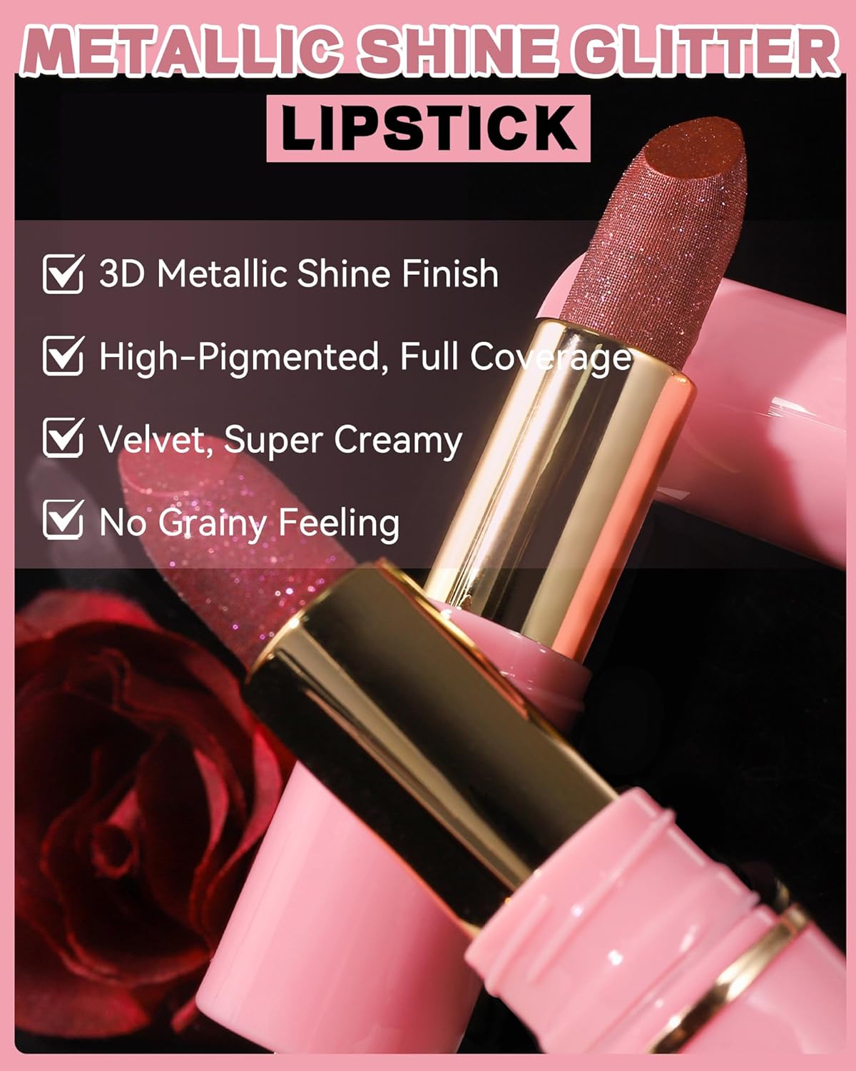 Glitter Metallic Ruby Red Shimmer Lipstick Long Lasting,Glitter Diamond Shine Nude Lipstick Transfer Proof Non-Stick Lip Gloss Shimmer Highly Pigmented Full Coverage Lip Makeup for Women-04