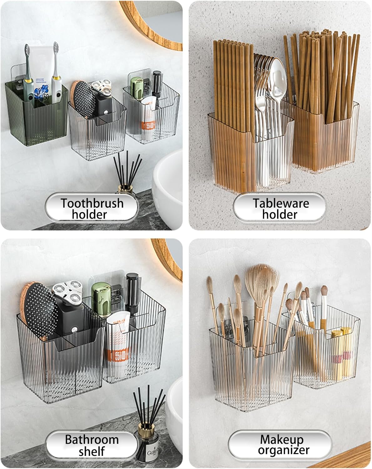 Set Of 2 Storage Organizer Bins Wall Mounted Shower Caddy, Bathroom shelves Stackable Clear Plastic Toothbrush Holder Adhesive Hanging Bin for Bathroom, Kitchen, Cabinet, Shower BPA Free Small (Clear)