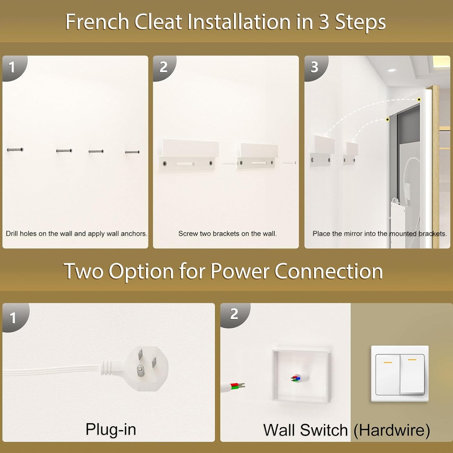 OKPAL 24x32 Gold LED Bathroom Mirror with Lights, Frontlit & Backlit Metal Framed Mirror, Lighted Bathroom Vanity Mirror, Anti-Fog, Dimmable 3 Colors, Shatterproof, Horizontal/Vertical