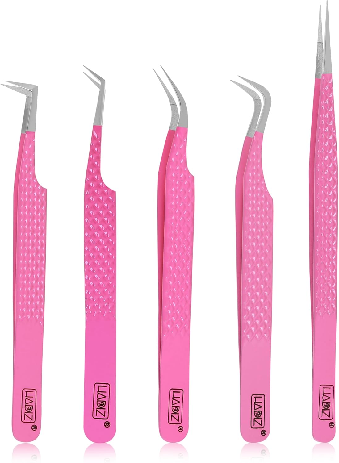 HADIZ Fiber Tip Eyelash Extension tweezers Lash Tweezer Japanese Steel set of five (Raspberry)