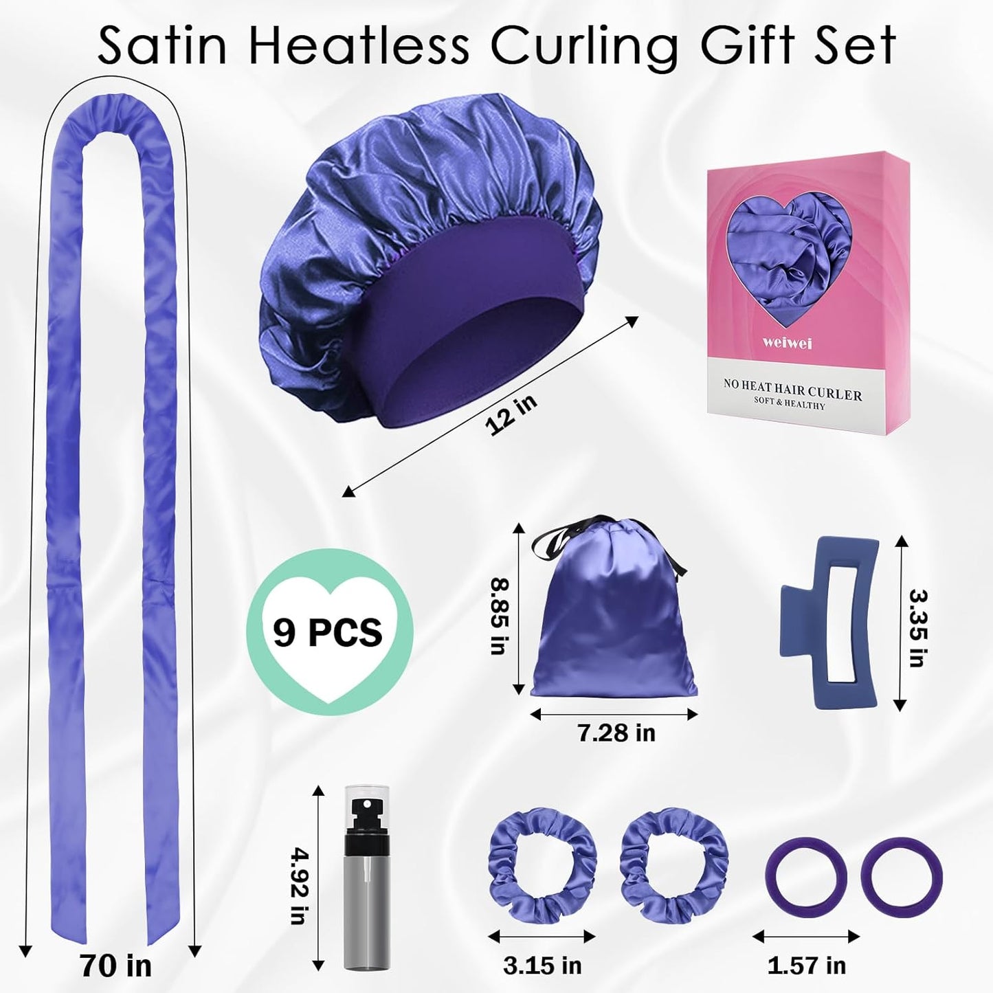 weiwei Satin Heatless Curlers Hair Curler, No Heat Curls Overnight Hair Curlers to Sleep In Overnight Curls Headband, 70" Hair Curlers No Heat, 9 Pcs Satin Heatless Curling Set for Women Long Hair