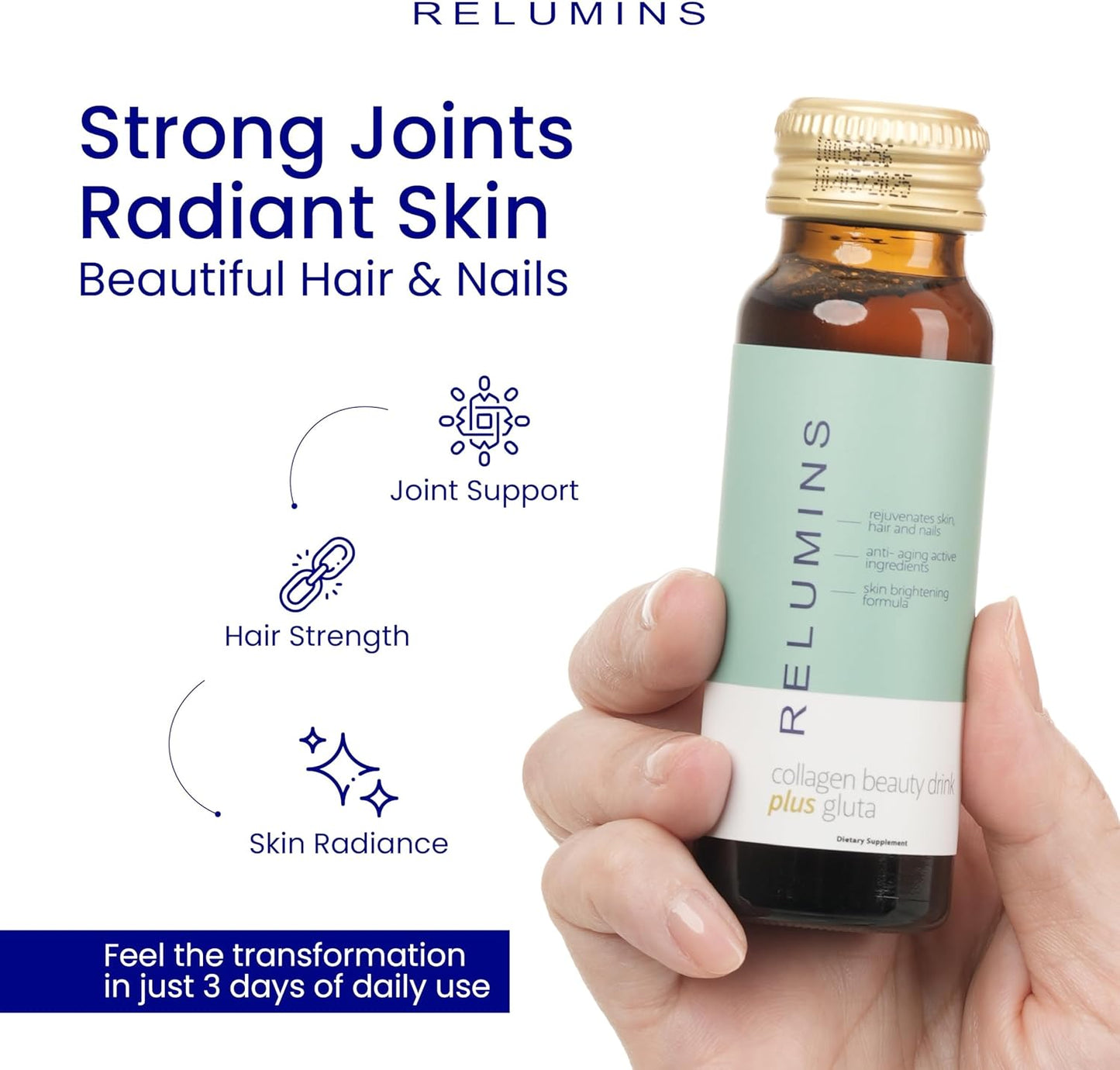 Relumins Advanced Collagen Beauty Drink with Glutathione, Hyaluronic Acid & Antioxidants - Post-Summer Skin Recovery & Shots for Radiant Skin, Hair & Nails - Apple Flavor - 20 Bottles x 50mL