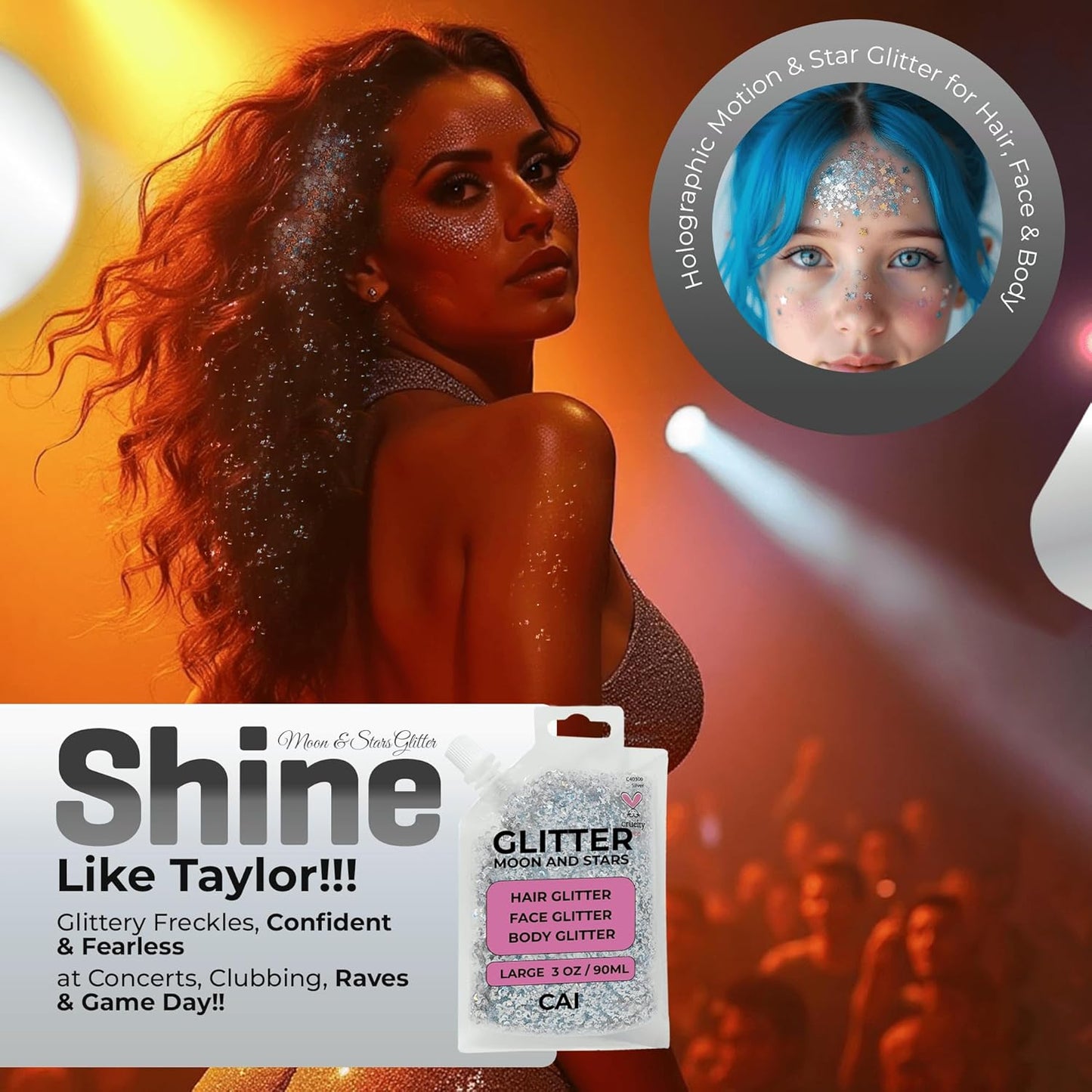 Face, Body & Hair Glitter Gel – Halloween Glitter for Kids and Women – 3 Oz Cosmetic-Grade Gel w/Moon & Stars for Festivals & Halloween Party, Easy Apply & Wash Off - Purple/Silver 2Pack