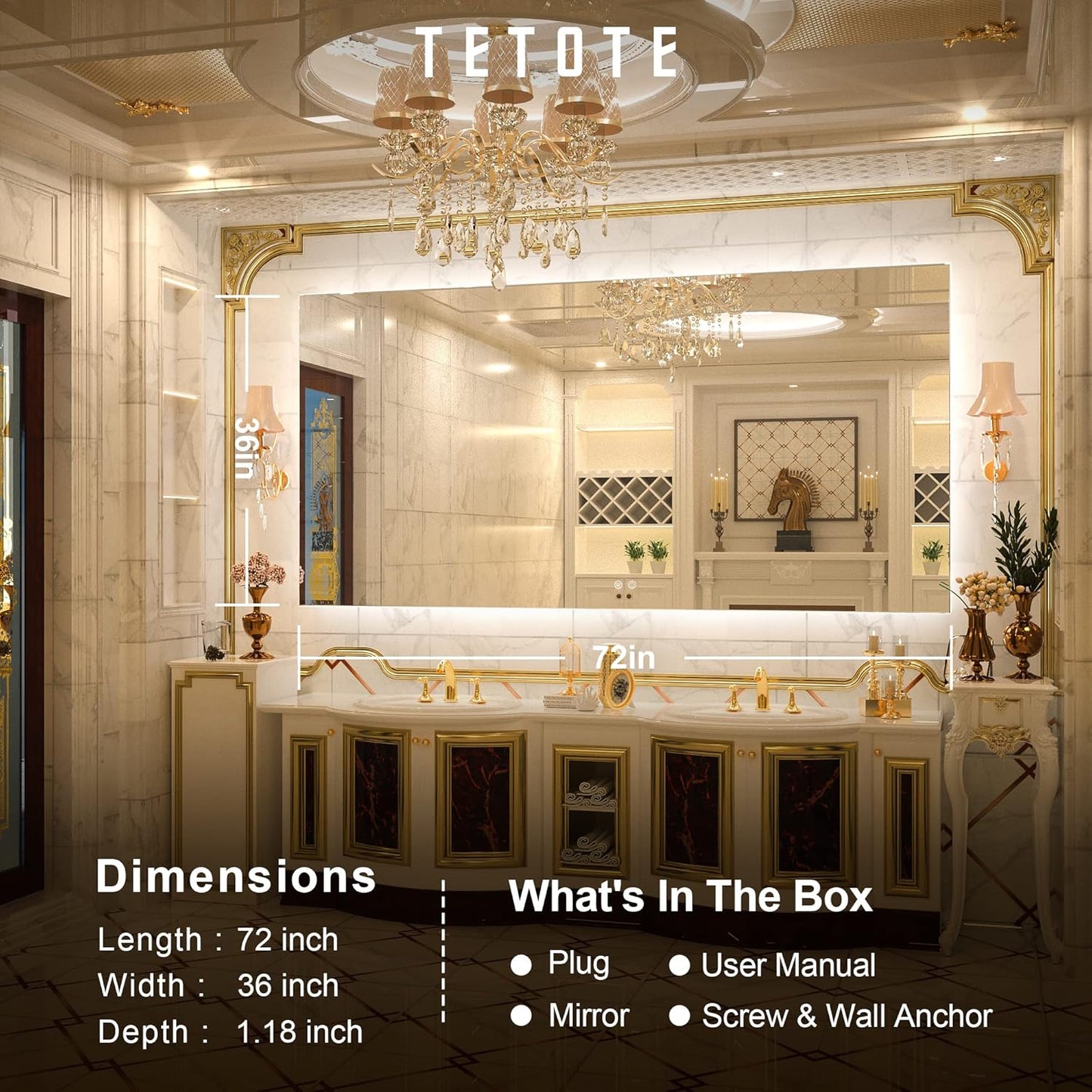 TETOTE 72 x 36 Inch LED Backlit Bathroom Mirror with Lights,3Color White/Warm/Natural,Anti-Fog Lighted Mirror,Dimmable,Vanity Mirror,Wall Mounted