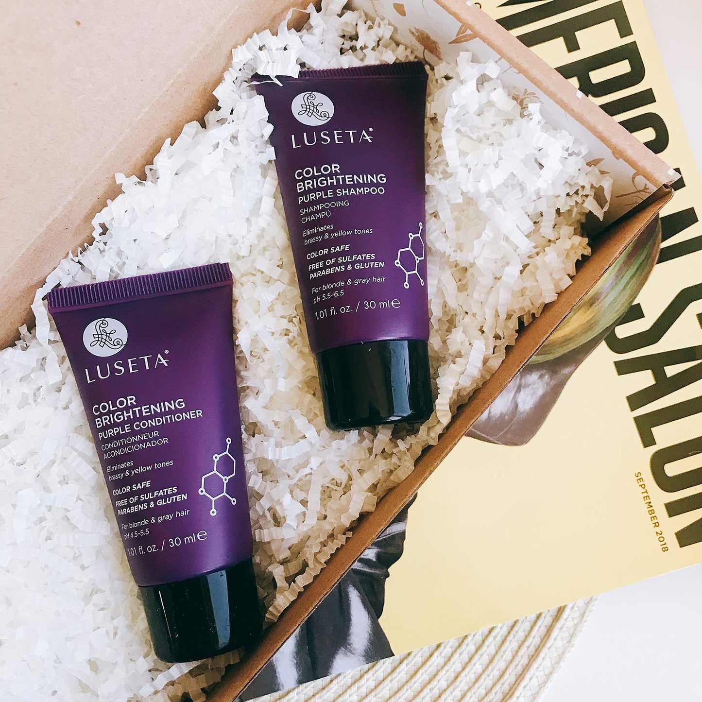 Luseta Color Brightening Purple Shampoo and Conditioner Travel Kit for Blonde and Gray Hair -Infused with Cocos Nucifera Oil to Help Nourish, Moisturize and Condition Hair, 2x1.01oz