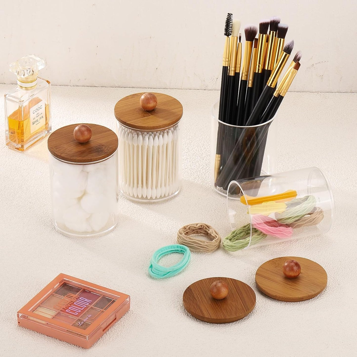 Tbestmax 4 Pack Qtip Holder Dispenser, Plastic Bathroom Organizer and Storage Containers, 10oz Apothecary Jars with Brown Bamboo Lid for Cotton Ball, Cotton Swab, Floss