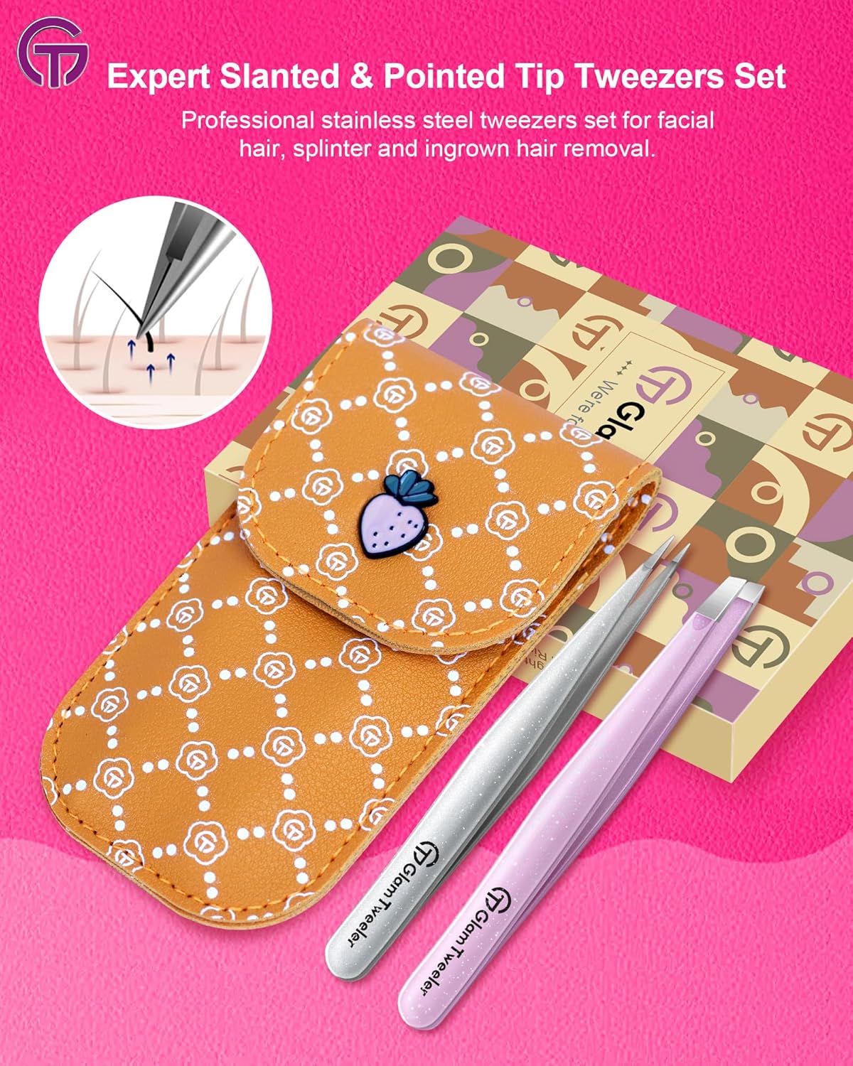 Expert Slant and Point Tip Tweezer Set with Exclusive Storage & Carrying Case, GlamTweeler Sharp & Precision Tweezer Set for Eyebrows, Facial Hairs & Fine Hairs Removal (Sparkle Baby Pink + Silver)