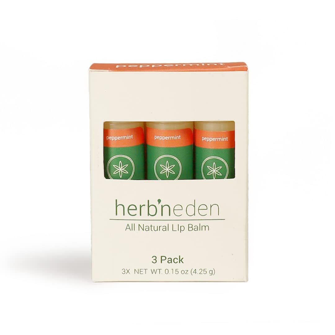 Herb’N Eden Peppermint Lip Balm Pack of 3 | Moisturizing and Soothing for Dry, Chapped Lips | 100% Natural Ingredients | Essential Oils