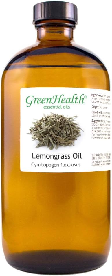 GreenHealth Lemongrass Essential Oil – 16 fl oz (473 ml) – 100% Pure & Uncut | Amber Glass Bottle for Aromatherapy, Cleaning, Candle Making & DIY Use