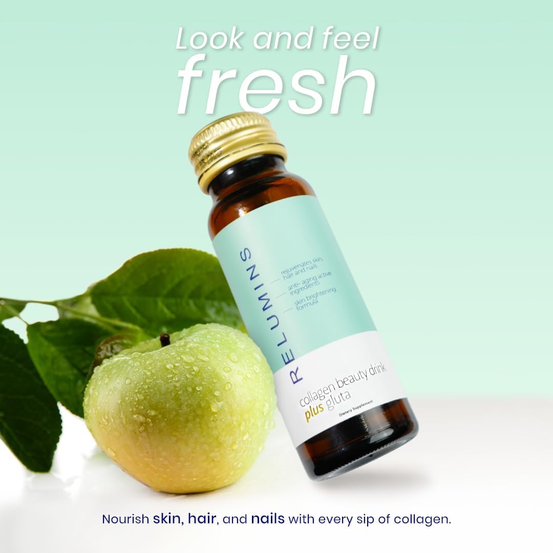 Relumins Advanced Collagen Beauty Drink with Glutathione, Hyaluronic Acid & Antioxidants - Post-Summer Skin Recovery & Shots for Radiant Skin, Hair & Nails - Apple Flavor - 10 Bottles x 50mL