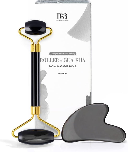 Gua Sha Facial Tools & Face Roller by ROSELYNBOUTIQUE Original Face Massager for Puffiness Wrinkless Skin Care Routine - Self Care Gift for Men Women (Black Obsidian)
