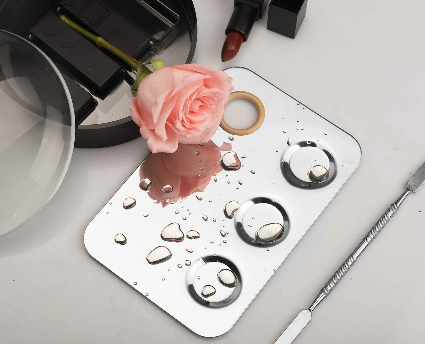 Makeup Mixing Palette, 6x4inch Stainless Steel Makeup Palette 3-well Nail-art Cosmetic Artist Mixing Palette with Makeup Spatula, Stocking Stuffers Christmas Gifts for Women