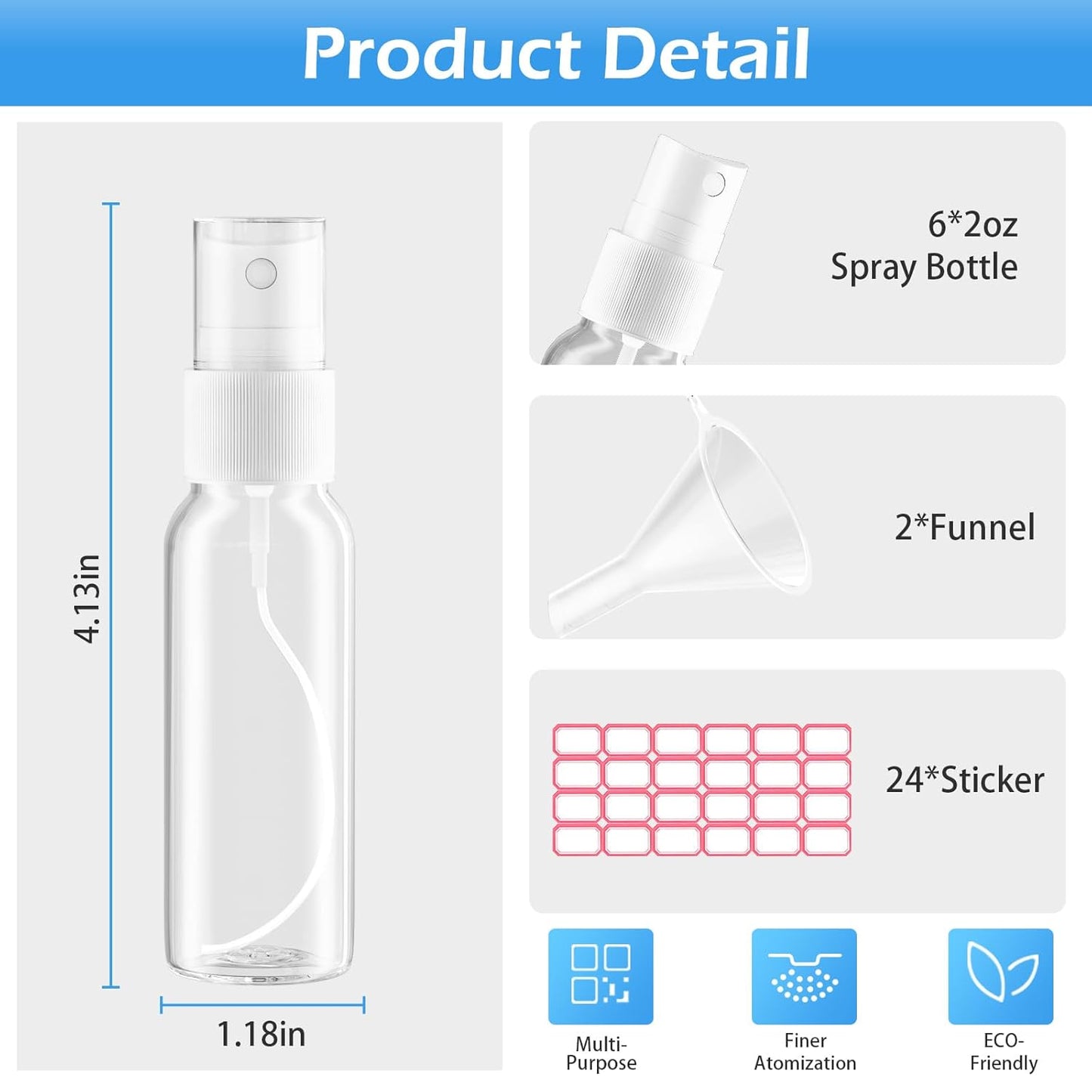 Spray Bottles, 2oz/50ml Clear Empty Fine Mist Plastic Mini Travel Bottle Set, Small Refillable Liquid Containers with 2pcs Funnels and 24pcs Labels (6 Pack)