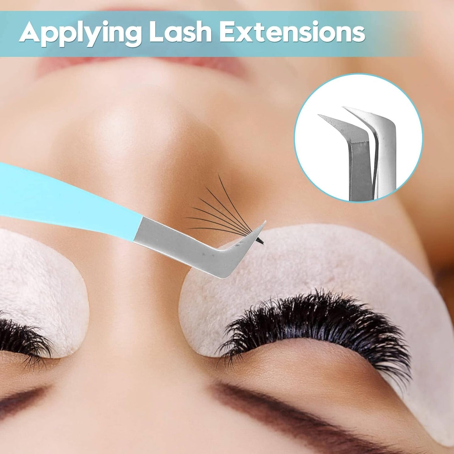 Ms.Queen Volume Lash Tweezers, Fiber Grip L-Angled Tips Boot Tweezers for Mega Volume Eyelash Extensions, Blue