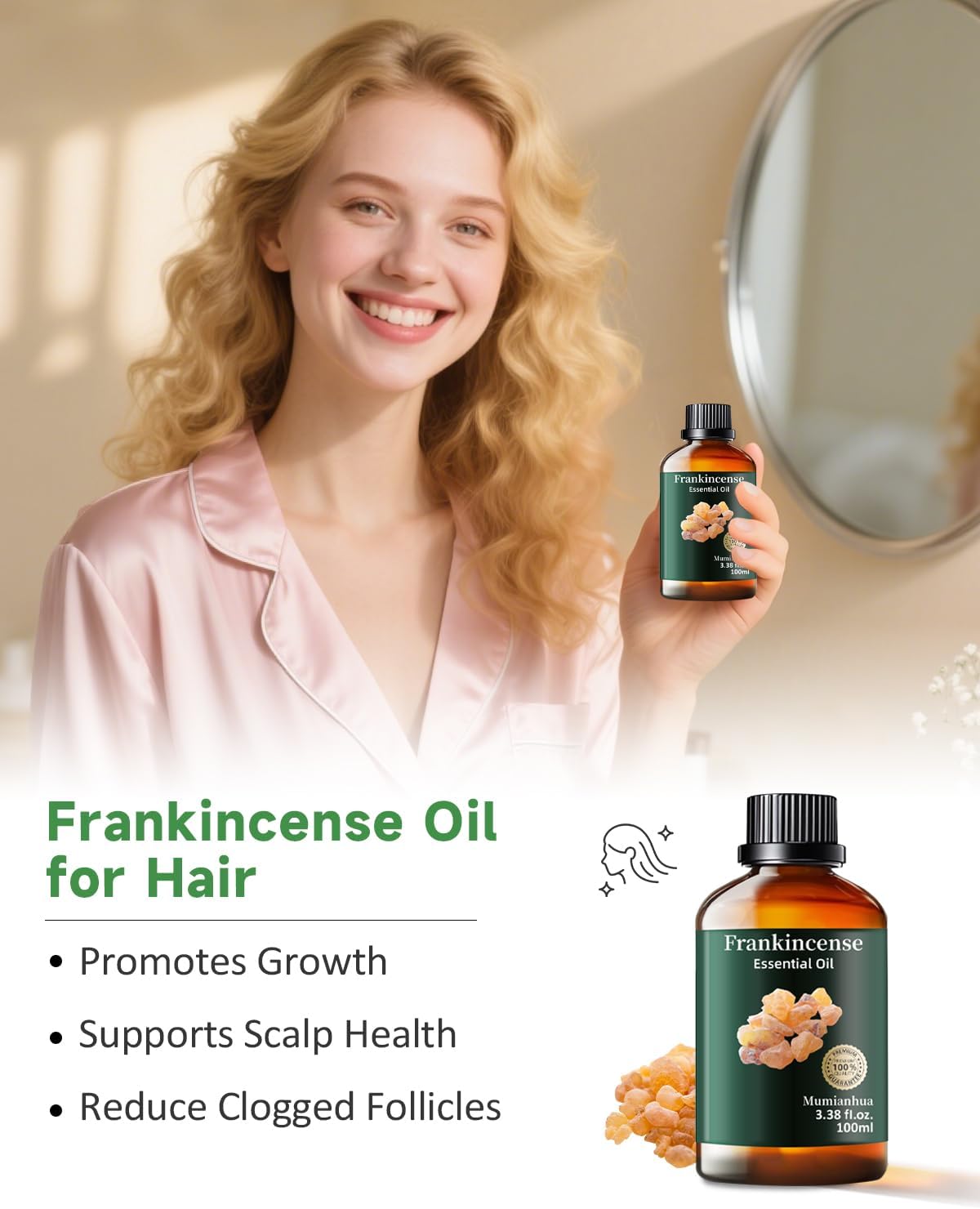 Mumianhua 100% Pure Frankincense Essential Oil Natural Frankincense Oil for Aromatherapy Therapeutic Grade Resin Oil for Skin, Meditation Diffuser & Candle Making | for Home & Office Focus 3.38 Fl Oz