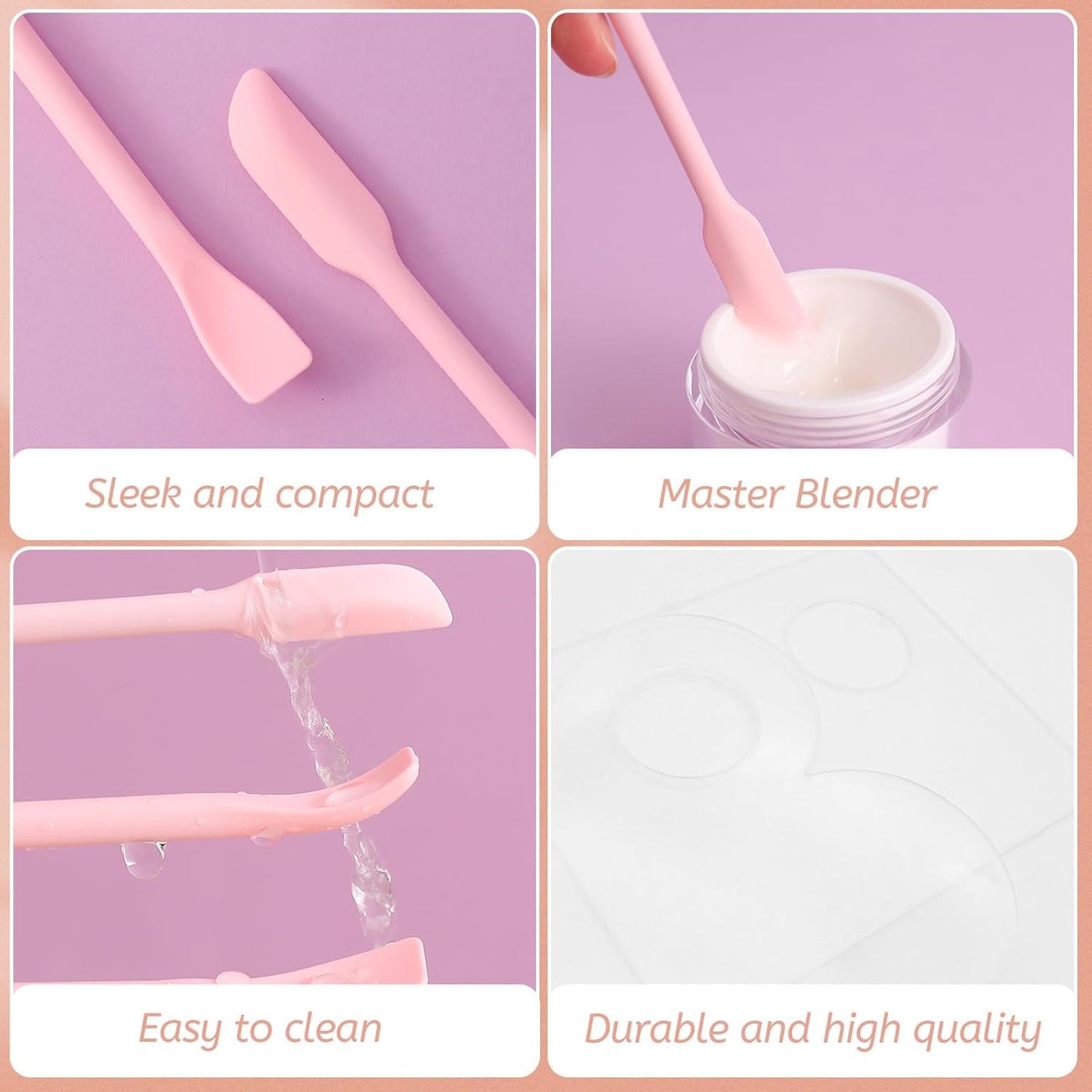 Makeup Mixing Palette Spatula Set, 2PCS Mini Acrylic Makeup Palette & 2PCS Silicone Skincare Spatula, Cream Foundation Palette for Mixing and Save Cosmetics (Pink,Square+Heart)