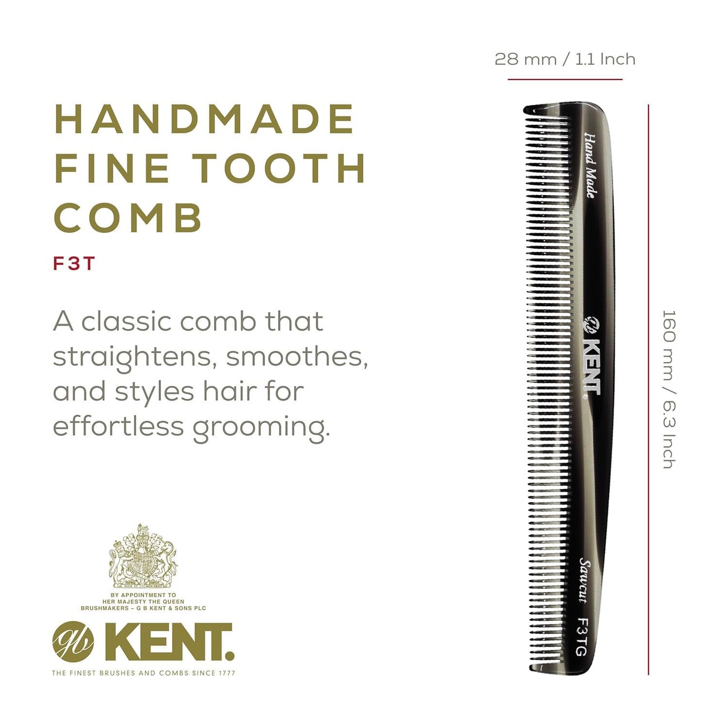 Kent F3T Black Graphite Fine Tooth Comb - Hair Parting and Straightening Comb for Men's & Women's Dandruff Remover, Saw Cut and Hand Polished Made in England