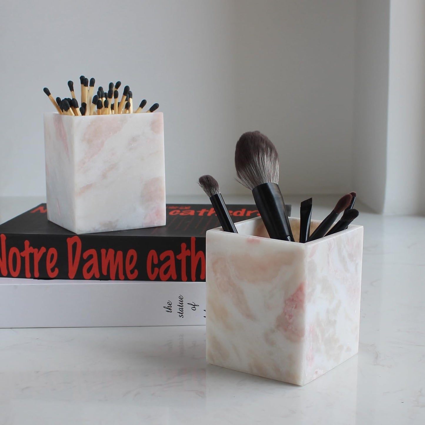 Natural Rose Marble Toothbrush Holders for Bathroom, Marble Makeup Brush Holder Countertop Organizer