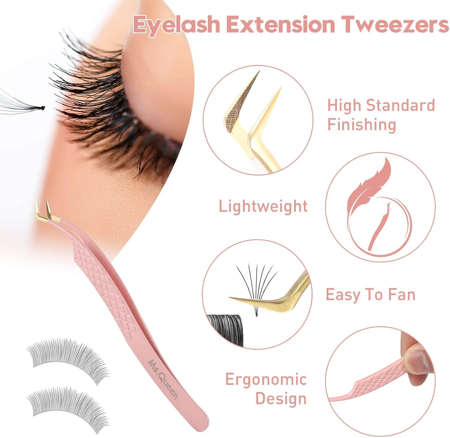 Ms.Queen Eyelash Extension Tweezers, Professional Fiber Tip Lash Tweezers Set of 5,Curved 45 90 Degree Volume Isolation Tweezers