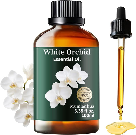 Mumianhua White Orchid Essential Oil Pure - Therapeutic Grade Aromatherapy Oil for Skin Care, Diffuser & Candle Making 100ml 3.38 Oz w/Dropper