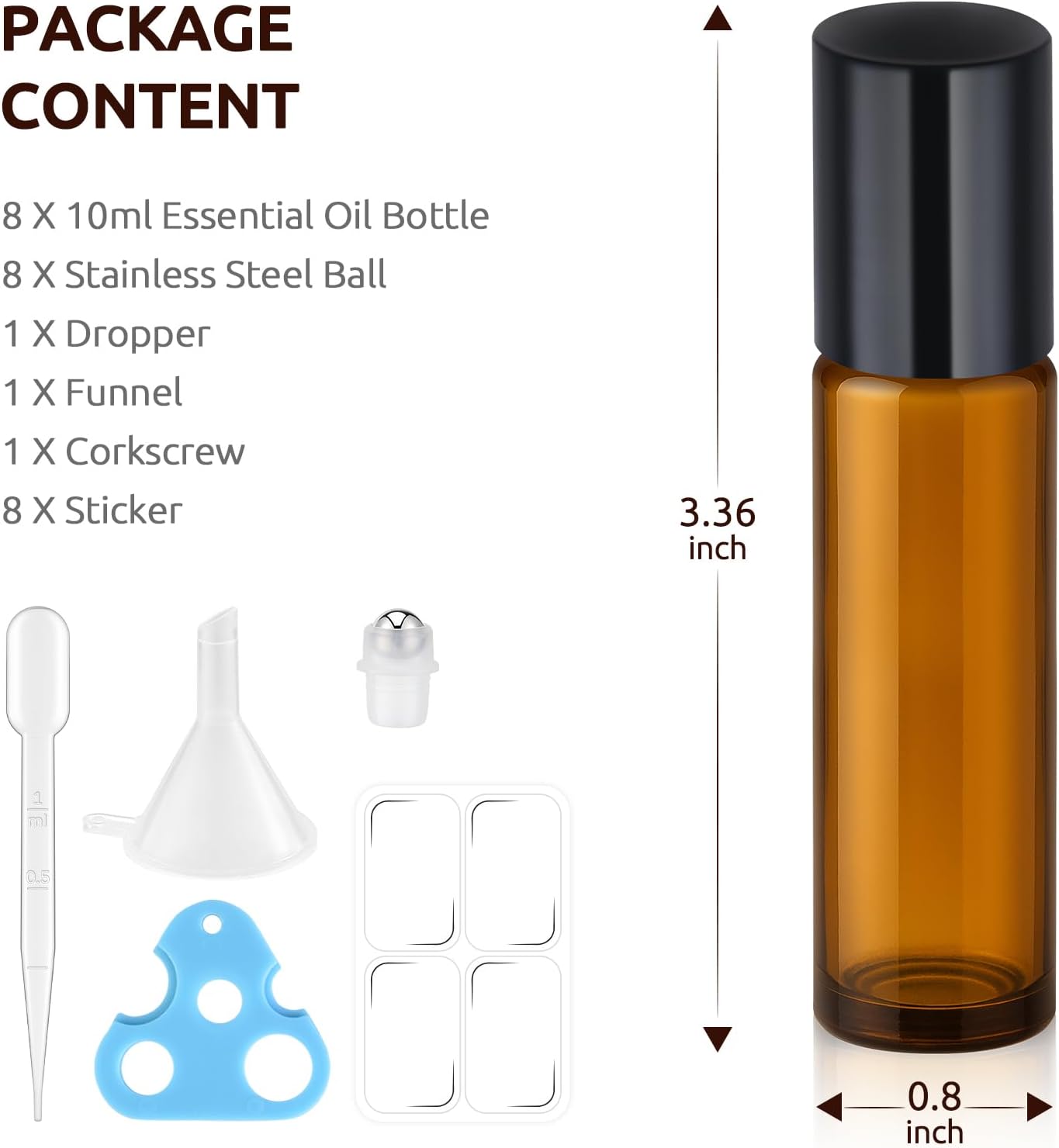 8 Pack 10ml Essential Oil Roller Bottles, Amber Leak-Proof Glass Roll on Bottles, Roller Ball Applicator, Opener, Droppers, Funnel, Labels, Refillable for Perfume & DIY Skincare
