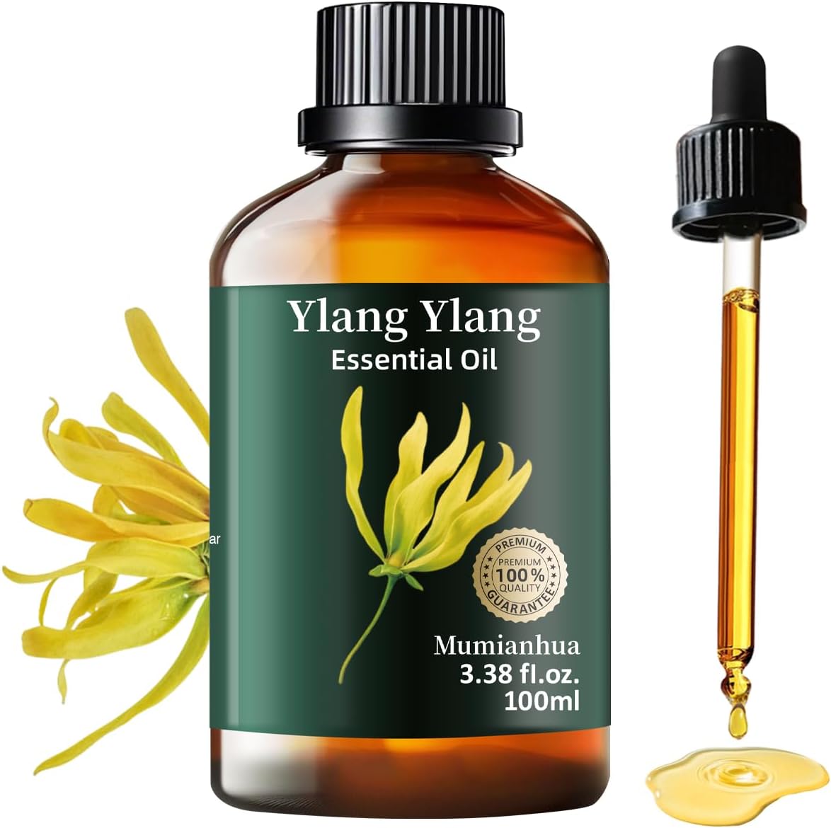 Mumianhua 100% Pure Ylang Ylang Essential Oil Natural Ylang Ylang Oil for Diffuser, Perfumes, Aromatherapy, DIY,Skin, Hair, Candle, Soap Making 3.38 Fl Oz