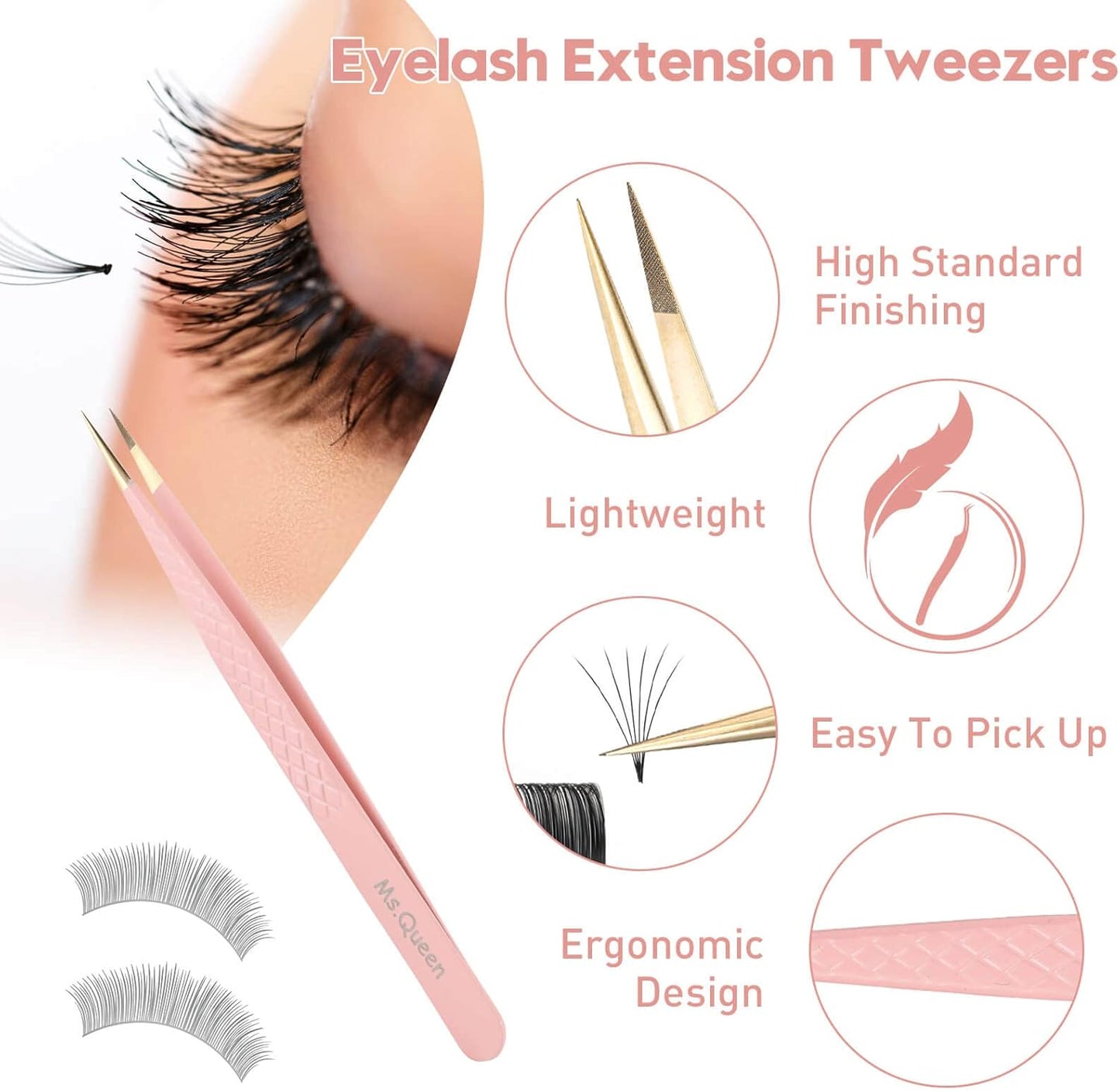 Ms.Queen Straight Tweezers for Eyelash Extensions,Fiber Tip Pointed Isolation Lashing Tweezers