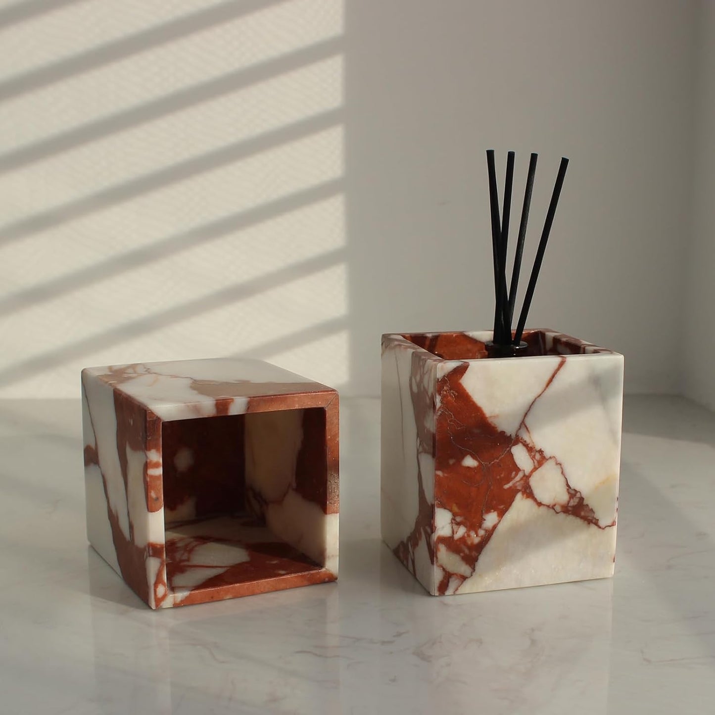 Calacatta Red Marble Toothbrush Holders for Bathroom, Natural Marble Makeup Brush Holder Countertop Organizer