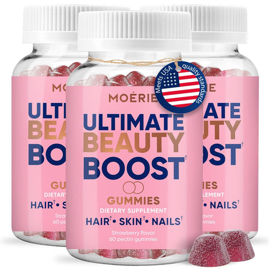 Moerie Hair Skin and Nails Gummies for Women & Men - Biotin for Hair Loss, Gummy Vitamins & Growth Dietary Supplements - Sugarbear for Thicker Hair - Allergen Free - 180 per Serving - Balanced Diet