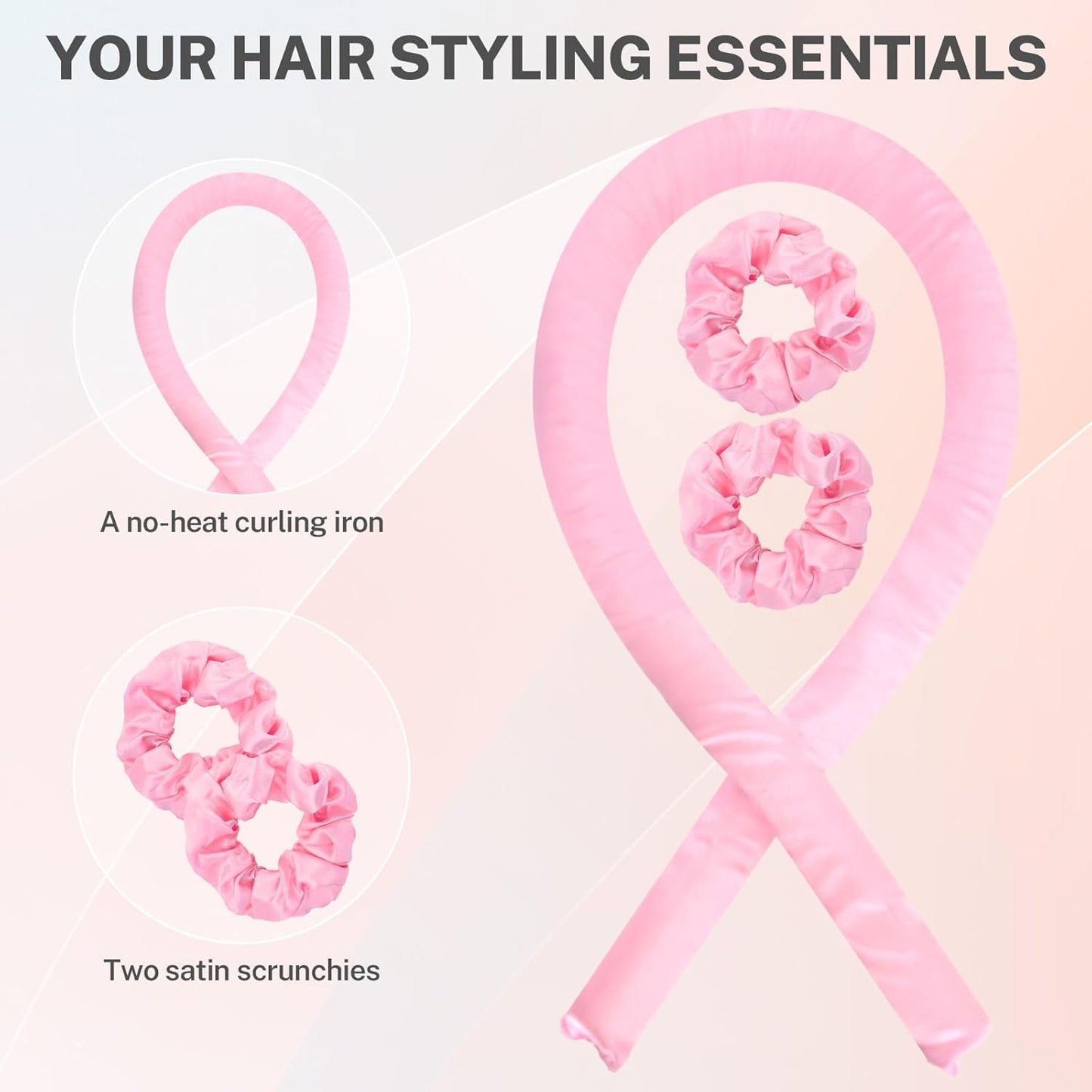 Satin Heatless Curling Set,Overnight Curls Hair Rollers with Hair Scrunchies,Sleep-Friendly Damage-Free Curlers for Soft Natural Waves (Pink)