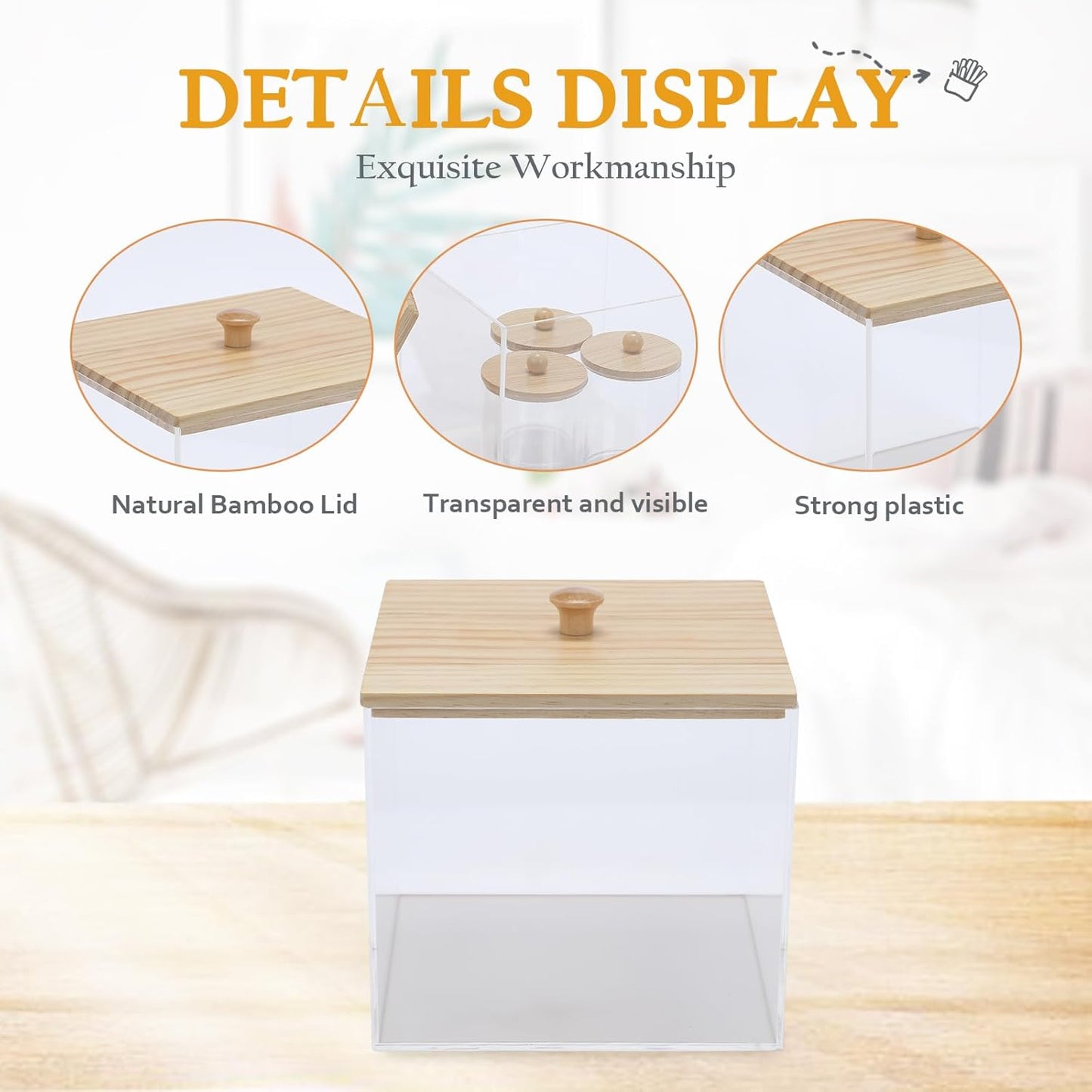 4 Pack Qtip Holder Dispenser with Bamboo Lids & Disposable Face Towel Holder Set, Clear Storage Bins for Facial Cloth, Vanity Makeup Storage Organizer, Bathroom Essentials Accessories Decor