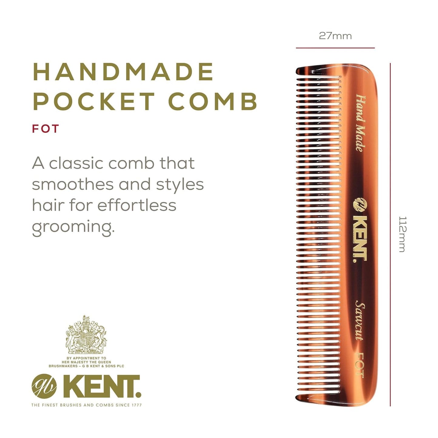 Kent A FOT Handmade Pocket Comb for Men, Women and Kids, All Fine Tooth Hair Comb Straightener for Everyday Grooming and Styling Hair, Beard and Mustache, Saw Cut and Hand Polished, Made in England