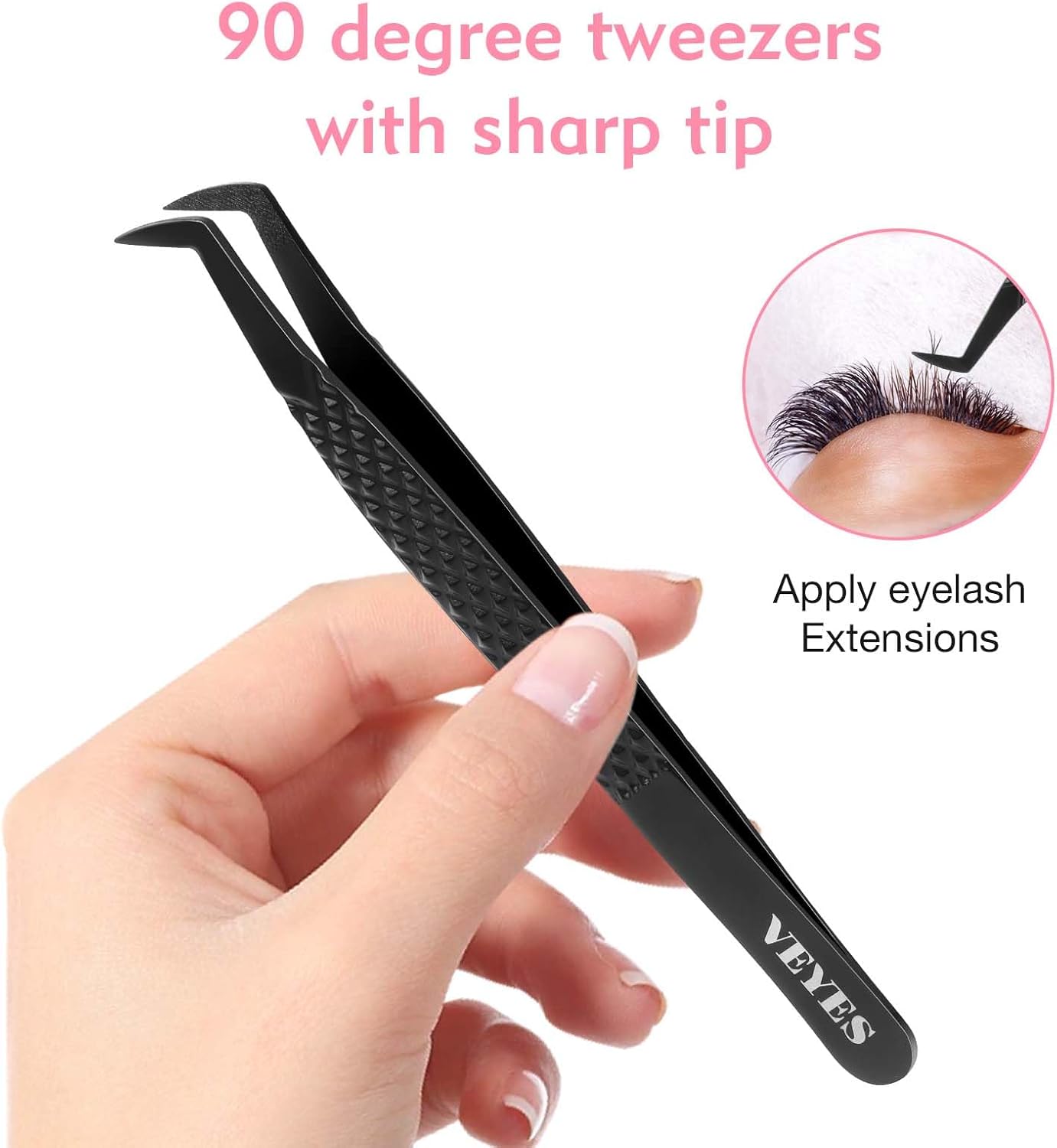 VEYES INC Lash Tweezers for Eyelash Extensions,High Precision Tweezers for Individual Classic and Volume Lash,Stainless Steel Tweezers-90 Degree