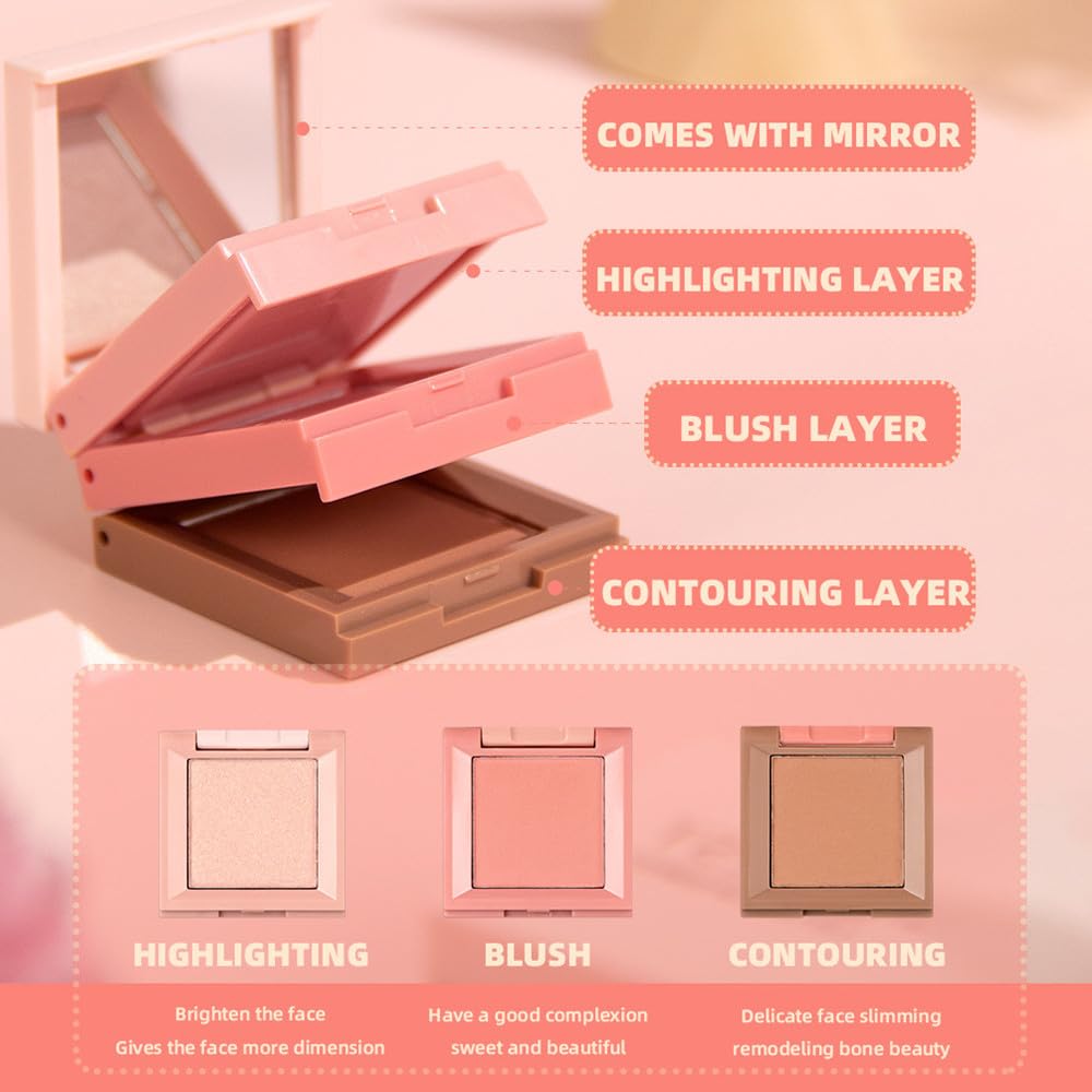 Contour and Highlight Blush Makeup Palette, Cream Bronzer, Silky Smooth Powder Blush, Shimmer Highlighter Makeup Powder, 3-in-1 Mixable Three-Piece Eyeshadow Palette with Mirror (03#)