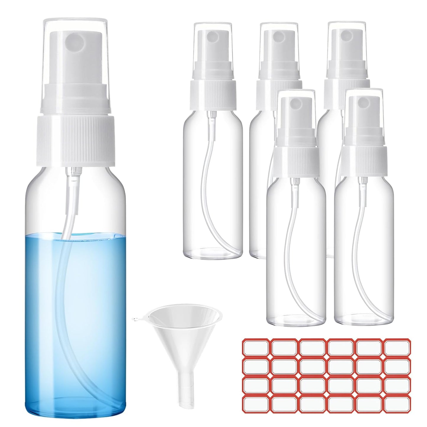 Spray Bottles, 4oz/120ml Clear Empty Fine Mist Plastic Mini Travel Bottle Set, Small Refillable Liquid Containers with 2pcs Funnels and 24pcs Labels (6 Pack)