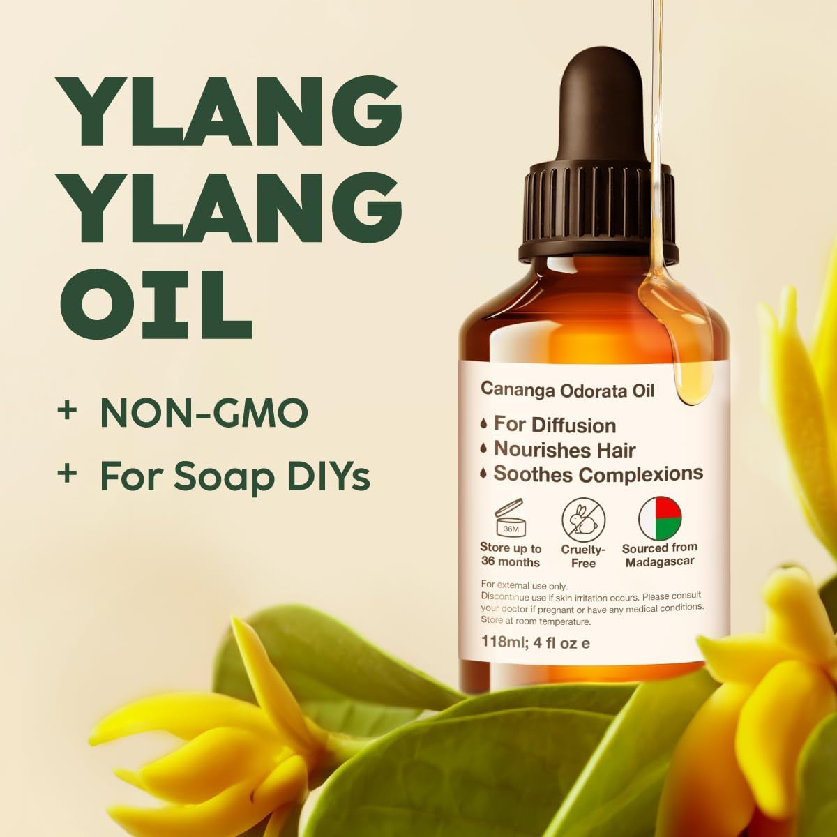 Kukka Ylang-Ylang Essential Oil for Diffuser & Skin - 4 Fl Oz - Ylang Ylang Oil - Boasting a Long Lasting & Exotic Floral Scent fit for Hair, Aromatherapy, DIY Soap Making Scents