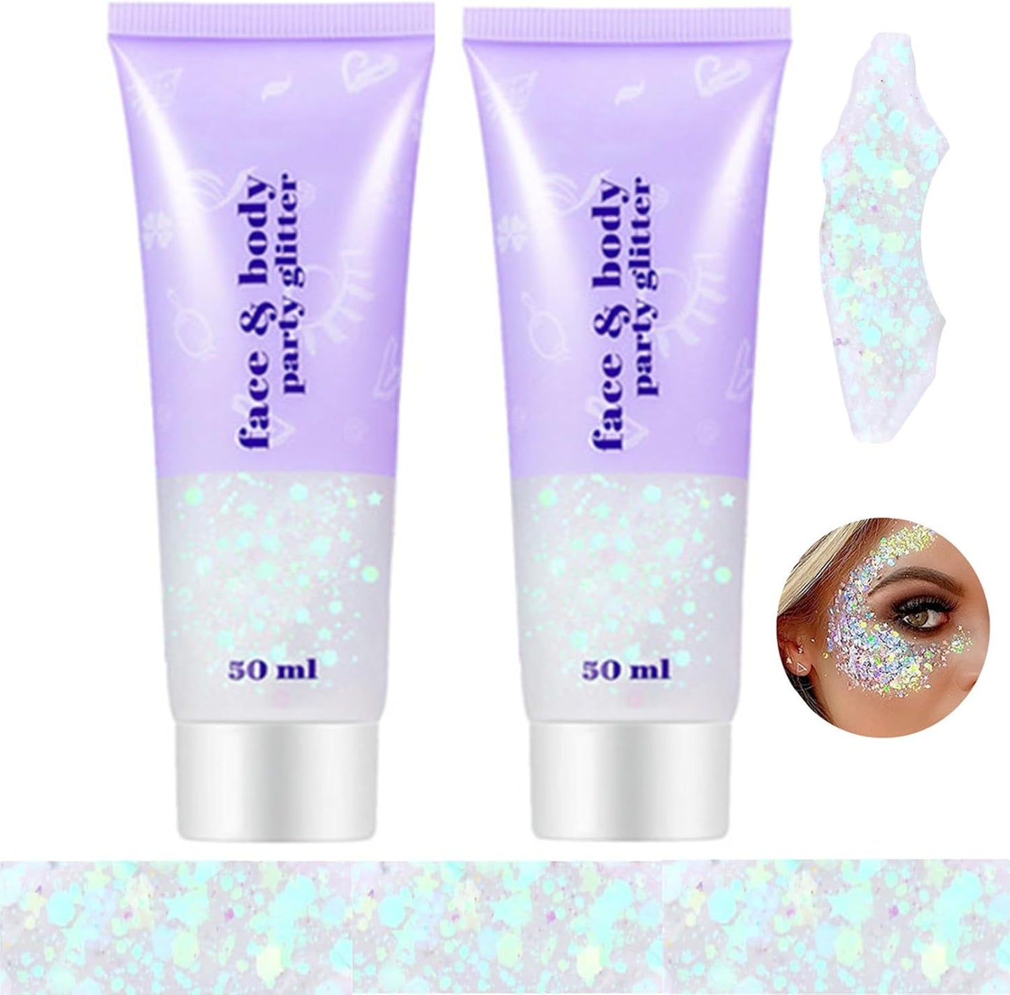 Go Ho 2PCS White Face Body Glitter Gel,Singer Concerts Face Glitter Makeup,Holographic Long Lasting Chunky Sequins Glitters for Eye Lip Hair Nails,Festival Rave Accessories,06 Fairy White Glitter