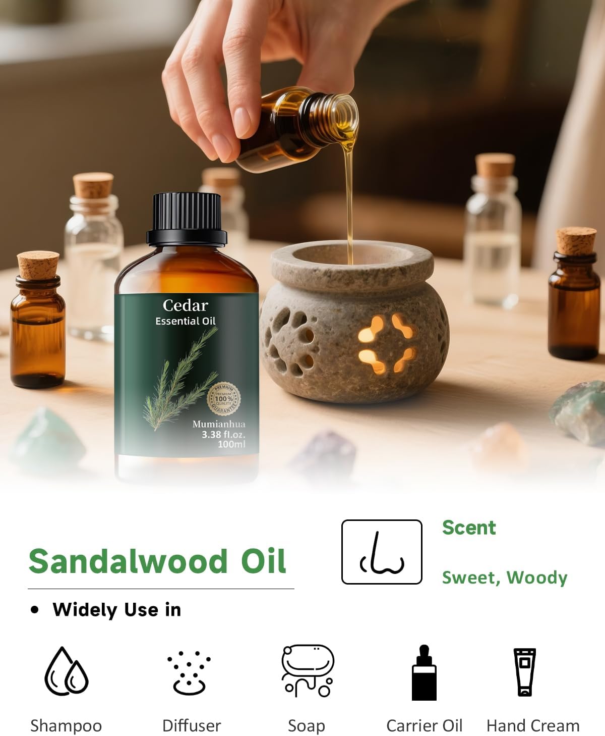 Cedarwood Essential Oil Pure, Mumianhua Natural Cedarwood Oil for Hair, Skin, Diffuser, Aromatherapy, Hair, Aromatherapy, Soap Making, 3.38 Fl Oz