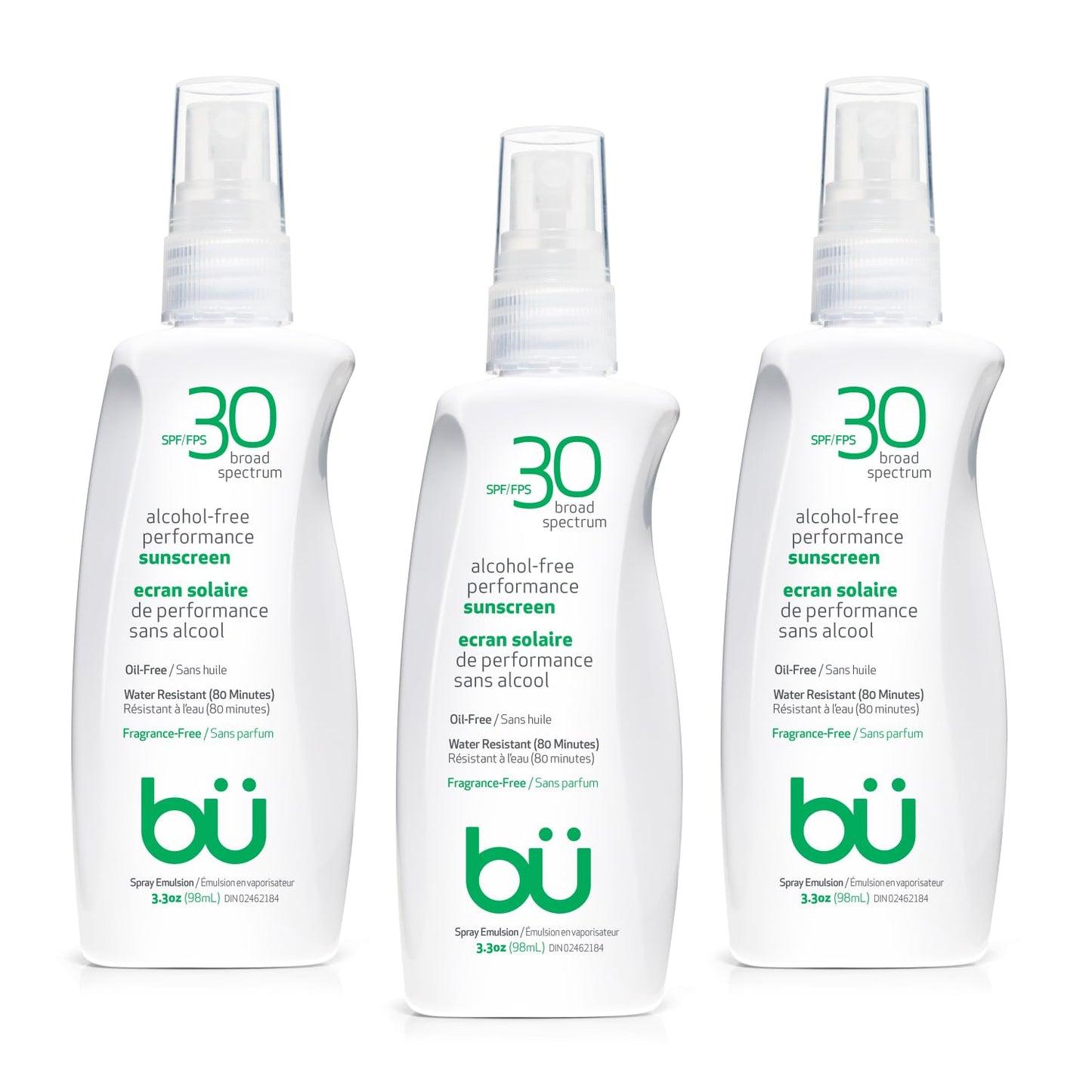 BU SPF 30 Sunscreen Spray for Face and Body, Fragrance Free, TSA Travel Size Sunscreen, Clear, Non Greasy, Water Resistant, for Sensitive Skin, 3.3 oz (3 Pack)