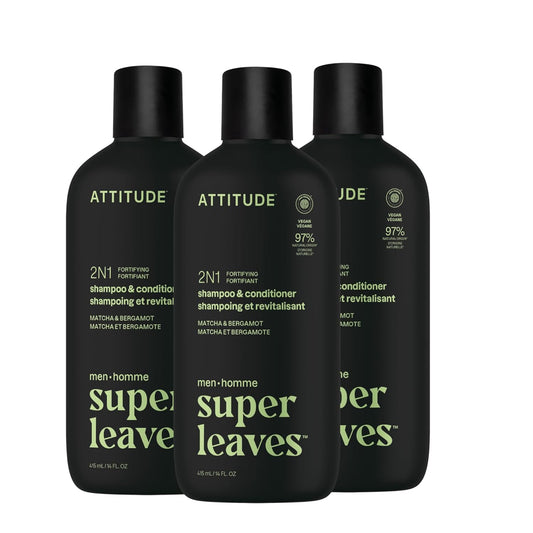 ATTITUDE Men's Shampoo and Conditioner 2-in-1, Fortifying For Fragile Hair, With Caffeine and Green Tea, 97% Natural Origin Ingredients, EWG Verified, Matcha & Bergamot, 14 Fl Oz (Pack of 3)