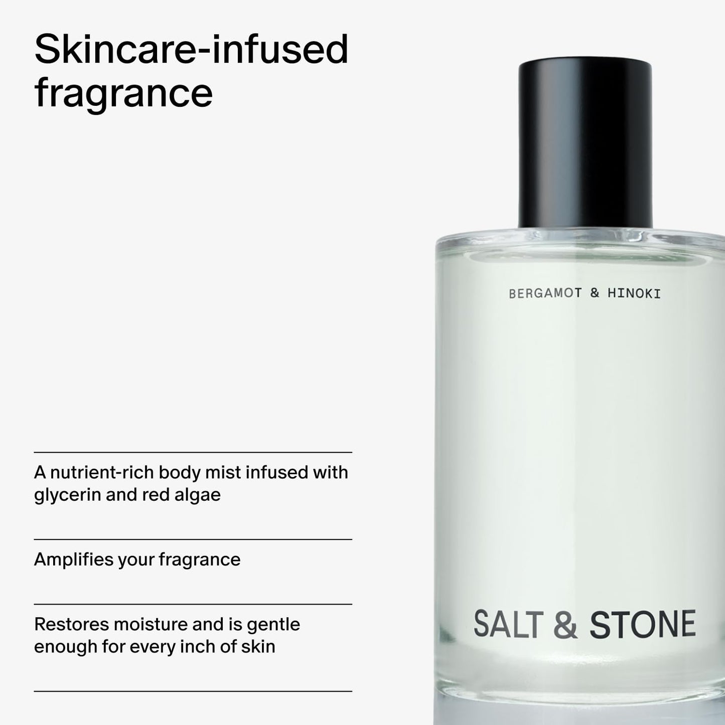 Salt & Stone Body Mist, Bergamot & Hinoki Scent, Skincare Infused Perfume Hair & Body Spray for Women and Men, Hydrating Fragrance with Glycerin and Red Algae, Vegan, Cruelty Free, 3.4 fl oz