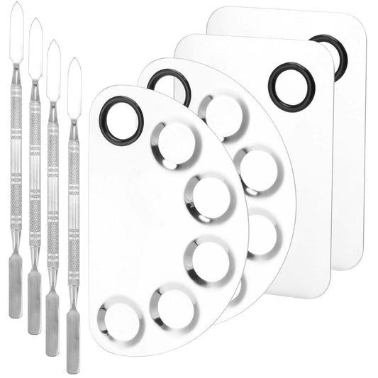 4 Pack Metal Makeup Palette, Makeup Mixing Palette with Spatula Makeup Palette Mixer Tray for Color Mixing and Makeup, Silver（2 Sizes）