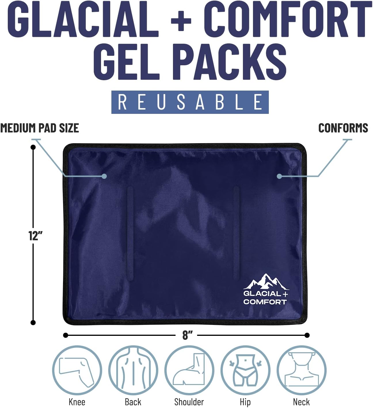Glacial Comfort Gel Ice Pack for Injuries Reusable - (12" x 8") Cold Pads for Back Pain, Hip, Knee, Shoulder, Muscle Strains, Migraine & Postpartum Recovery with Flex Technology - Compression Pad.