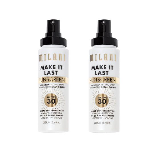 Milani Sunscreen Setting Spray + Primer, Make It Last Sunscreen for Face- SPF 30 UVA & UVB Protection Antioxidant Rich Formula for Broad Spectrum Protection, Prime + Set + Protect, 2.02Fl. Oz - 2 Pack