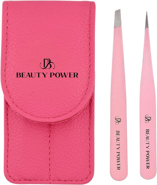 Professional Tweezers Set – Slant & Point, Ultra Precision German Stainless Steel Tweezers for Eyebrows, Chin, Ingrown Hair & Facial Grooming – Lightweight with Travel Case (Pink)