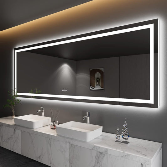 Amorho LED Bathroom Mirror 110" X40" with Front and Backlit, Stepless Dimmable Wall Mirrors with Anti-Fog, Shatter-Proof, Memory, 3 Colors, Double LED Vanity Mirror Large