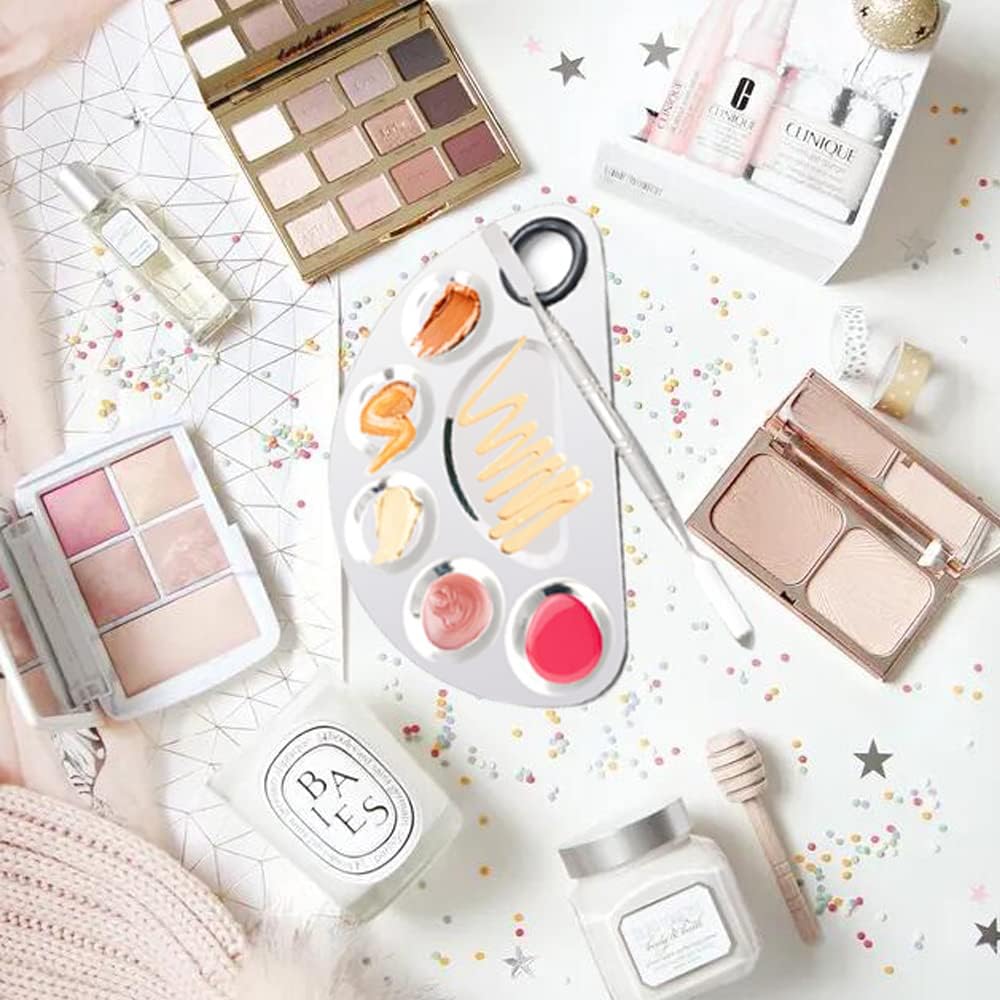 Makeup Palette Stainless Steel Cosmetic Palette 6-well with Spatula Tool for Nail Art Eye Shadow Mixing Foundation Painting Artist Mini Mixing Metal Palette Silver 4.9x3.3inch