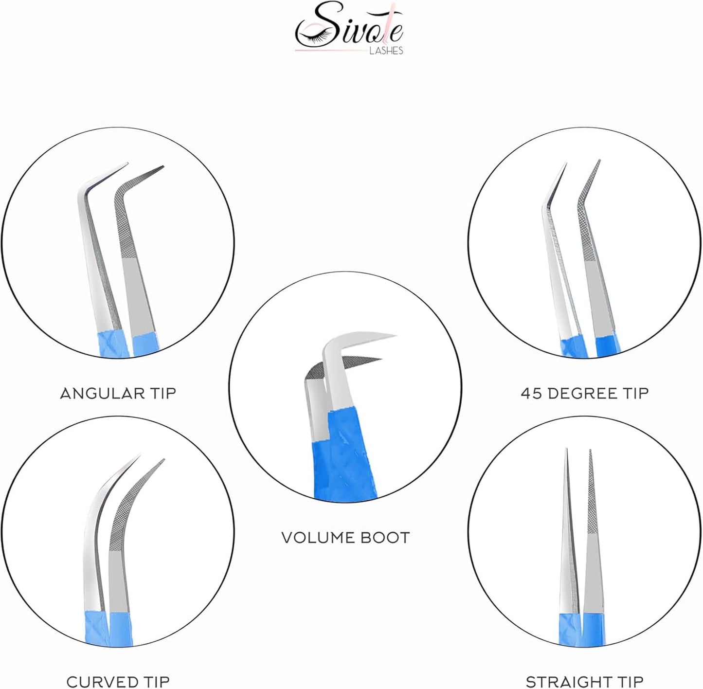 SIVOTE Lash Tweezers for Eyelash Extensions, Pack of 5 Blue – Lash Extension Tweezers Set with Diamond Grip, Precision Fiber Tip for Volume Tweezers Eyelash Extensions