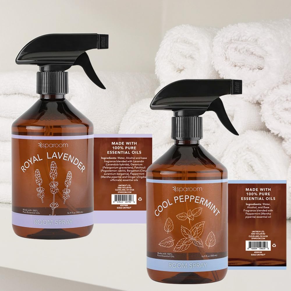 SpaRoom Linen Spray 2-Pack Combo – Cool Peppermint & Royal Lavender Aromatherapy Set with Essential Oils, Mist for Bedding, Linens, and Home – 2 x 16.9 oz Variety Pack
